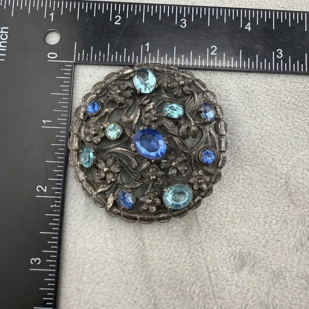 Vintage‎ Pot Metal Rhinestone Brooch Silver Tone Blue